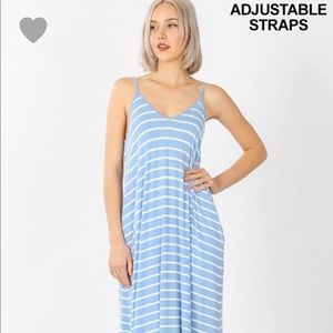 Zenana Outfitters Blue and White Striped Maxi Dress